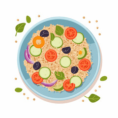 A healthy quinoa salad concept with fresh vegetables like tomato, cucumber, and olives. Top view vector illustration of a nutritious meal.