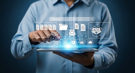 Person using a tablet to interact with a digital interface showing search and advertising icons