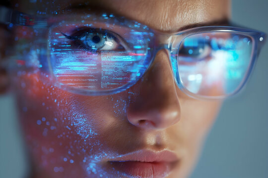 A close-up of a person wearing glasses reflecting digital code and data, symbolizing technology and futuristic concepts.