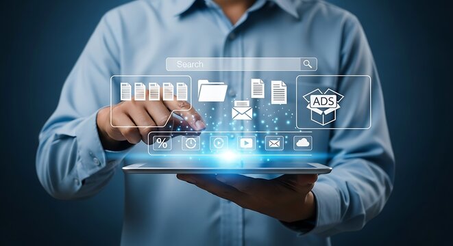 Person using a tablet to interact with a digital interface showing search and advertising icons