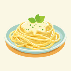 A delicious bowl of Italian spaghetti pasta served with a creamy white sauce and garnished with fresh basil leaves. A classic comfort meal.