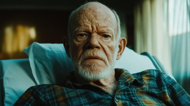 Serious elderly man in hospital bed, bald with white beard Senior Patient Rests, Lying