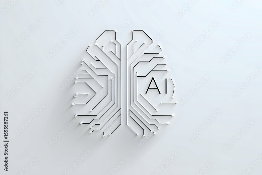 Poster white 3d brain-shaped circuit board representing artificial intelligence on a plain light background