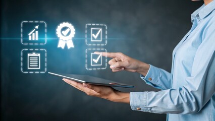 Person s hand interacting with a digital interface displaying icons for growth checklist and quality assurance on a tablet