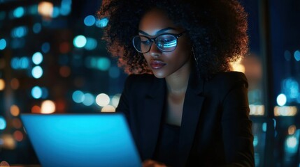 Serious young woman in glasses works diligently on laptop A wearing sunglasses is using