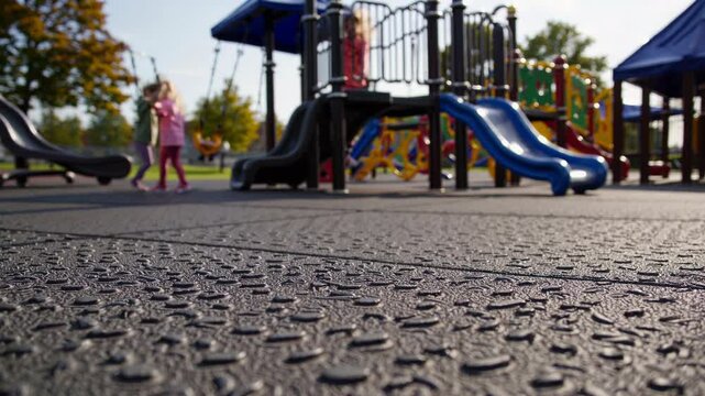 Tiny, glistening water droplets rest on the textured surface of a playground safety mat, while children enjoy the playground equipment in the background