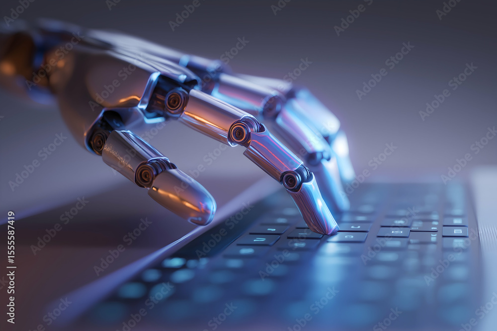 Poster a robotic hand with metallic joints and fingers is typing on a backlit keyboard in a futuristic, tec