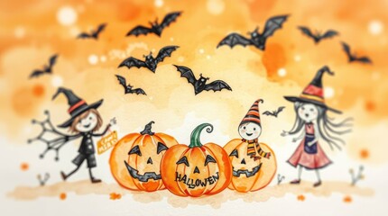Fototapeta premium Watercolor Halloween illustration with pumpkins bats children dressed as witches