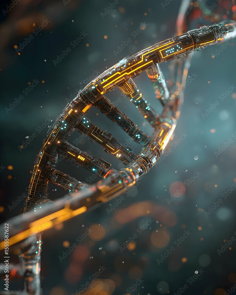Poster a futuristic digital representation of a dna double helix strand with glowing circuits and a high-te
