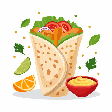 Naklejki Delicious chicken wrap with fresh lettuce and tomato in a tortilla, served with sauce and citrus. Healthy fast food concept vector illustration.