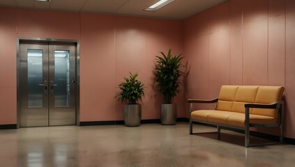 Serene Hospital Corridor Tranquil Waiting Area Design with Pastel Walls, Plants, and Modern Seating