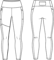 High waist gym leggings CAD flat sketch, fashion technical drawing, front and back view, vector illustration, activewear, apparel design