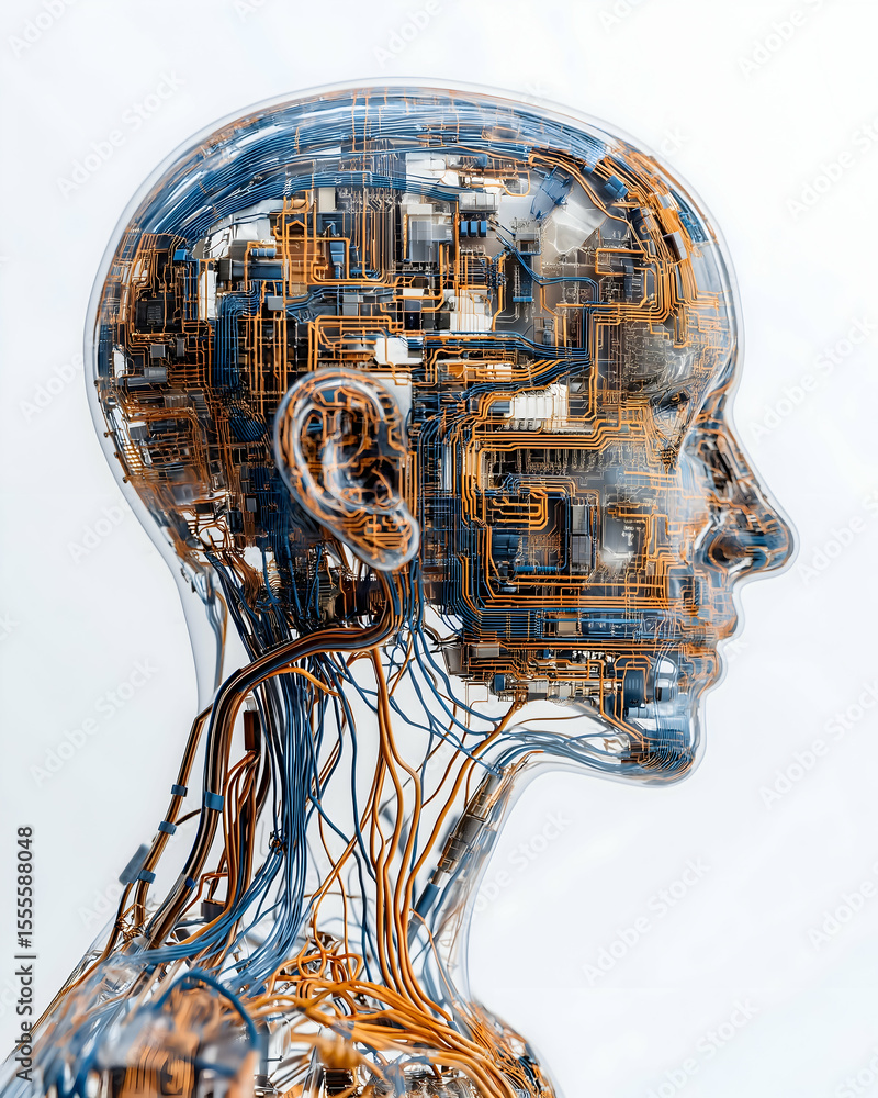 Aufkleber a transparent side profile of a human head filled with intricate circuitry and wires, symbolizing th
