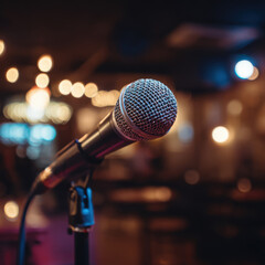 microphone stands ready on stage in a warmly lit venue, capturing the anticipation and energy of live performance in an intimate setting