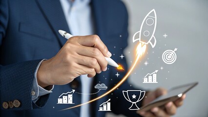 Businessman using a stylus on a tablet to launch a rocket symbolizing business growth success and achieving goals
