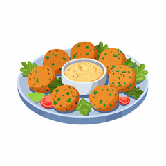 Illustration of traditional falafel balls served on a plate with creamy dipping sauce, a popular vegetarian appetizer.