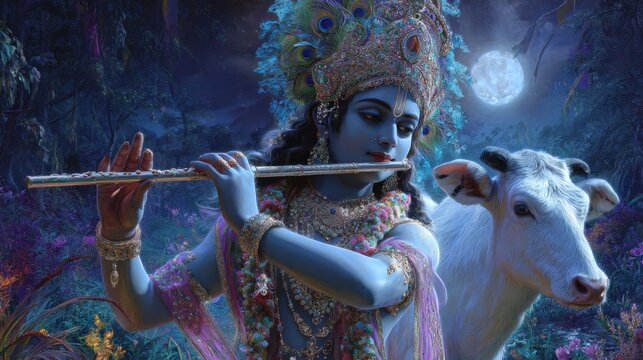 Krishna Playing Flute with Cow