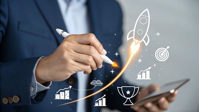 Businessman using a stylus on a tablet to launch a rocket symbolizing business growth success and achieving goals