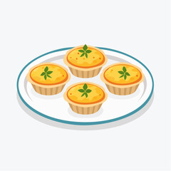 A plate of four individual savory tarts with a yellow filling and green herb garnish, isolated on a white background.