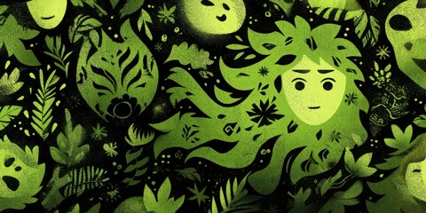 Mystical Green Forest Illustration with Ethereal Faces and Intricate Floral Patterns