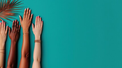 Diverse Hands Raised Against a Bright Turquoise Background with Leaf Accents and Vibrant Nails
