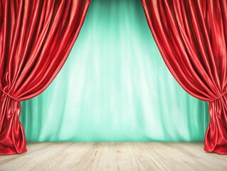 Red Velvet Curtains Open to Reveal a Soft Mint Background in a Theater Stage Setting