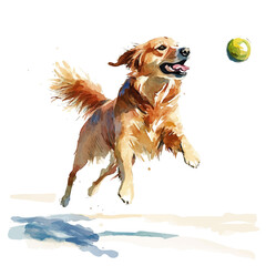 watercolor vector of Dog Playing Fetch Beach, isolated on a white background.