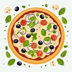 Top-down vector illustration of a fresh vegetarian pizza with black olives, tomatoes, and mushrooms surrounded by ingredients.