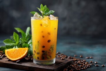 Tall sweating glass filled with iced tropical drink orange slice mint sprigs coffee beans around wooden tray