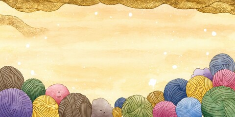 Colorful Yarn Balls with Soft Clouds and Gentle Background in Pastel Tones