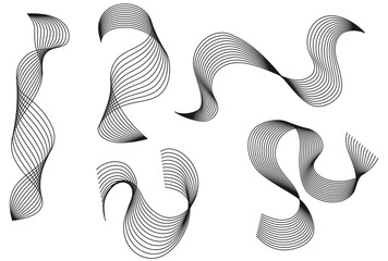 Set of Shapes Made of Curved Lines, Abstract Shapes Set, Stripes Shapes, Flow Wavy Lines, Black, Vector