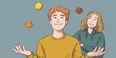Young man juggling colorful balls with smiling woman watching in fun cartoon illustration
