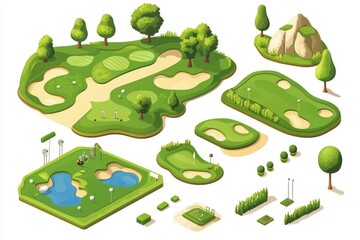 Explore a vibrant isometric vector illustration of a golf course featuring diverse terrains, putting greens, trees, and golfing activities throughout the landscape