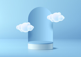 Blue round podium 3D background with arch backdrop and floating cloud. Abstract composition in minimalist design. 3D studio display showroom product pedestal, Fashion stage showcases mockup wall scene
