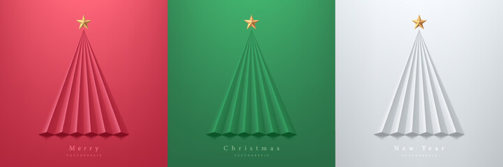 Set of merry christmas tree on red, green and white in paper cut background. Elements of new year day festival for card, cover. Top view scene for product display. Simple flat design in minimal design