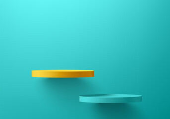 3D yellow and green podium set floating on the wall background. Abstract geometric composition in minimalist design. 3D studio display showroom product pedestal, Fashion stage showcases mockup scene.