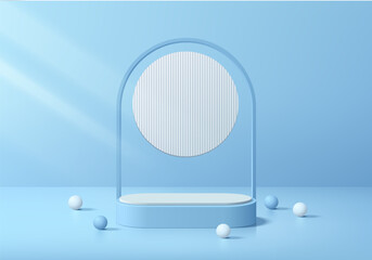 Blue round podium 3D background with circle backdrop and arch frame. Abstract composition minimalist design. 3D Studio display showroom cosmetic product pedestal, Fashion stage showcases mockup scene.