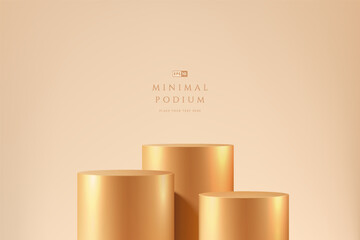 Golden round podium 3d background in empty room space in luxury style. Abstract geometric composition minimalist design. Studio display showroom product pedestal, Fashion stage showcases mockup scene.