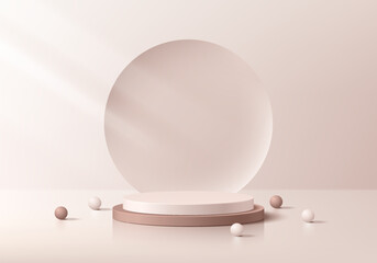 3D pink gold round podium background with circle backdrop, Sphere ball. Abstract geometric composition minimalist design. Studio display showroom product pedestal, Fashion stage showcases mockup scene