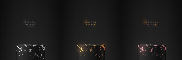 Set of 3d black cylinder podium background with splash silver, gold, pink gold color. Abstract studio room. Luxury minimal scene. 3D Vector rendering geometric platform. Product display presentation.