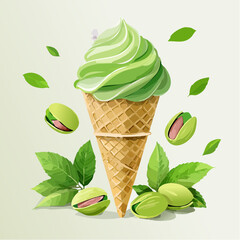 A refreshing concept of pistachio soft serve ice cream in a waffle cone, adorned with fresh nuts and green leaves.