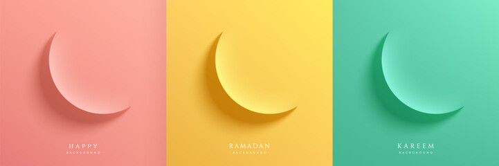 Set of Ramadan Kareem festival background. Moon in paper cut style on pink, yellow and green color. Islamic greeting card template with Eid al Adha Mubarak for wallpaper, Poster, Media banner, card.
