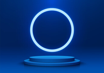 Blue round podium 3D background with circle ring neon lighting on wall. Abstract composition in minimalist design. Studio display showroom stands product pedestal, Fashion stage showcases mockup scene