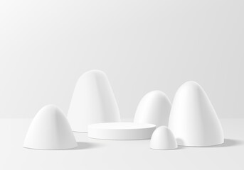 3D white round podium background with many gray stones behind. Abstract geometric composition in minimalist design. 3D studio display showroom product pedestal, Fashion stage showcases mockup scene.