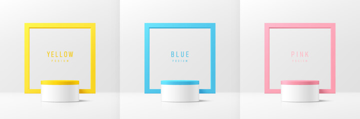 Set of 3D white product podium with blue, pink, yellow square frames backdrop. Abstract geometric composition in minimal design. Studio showroom product pedestal, Fashion stage showcases mockup scene.