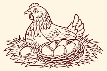 Farm Hen Sketch with Eggs