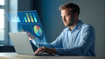 Focused businessman analyzing financial data on a futuristic holographic display interacting with a laptop computer in a modern office setting