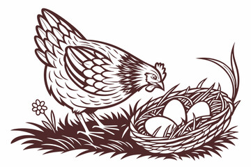Traditional Farm Hen with Nest Outline Art