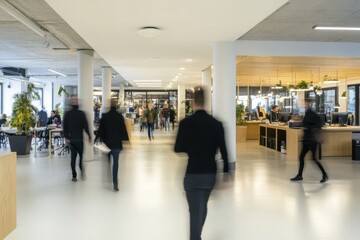 Busy modern workspace with blurred business people walking in a vibrant office environment during the daytime