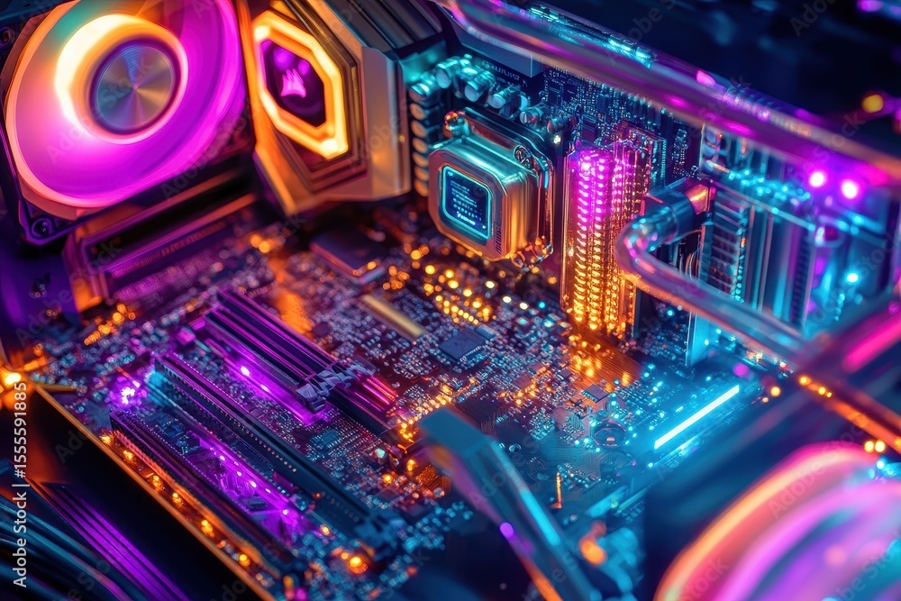 Poster futuristic computer mod with glowing elements showcasing advanced technology in a sleek design durin